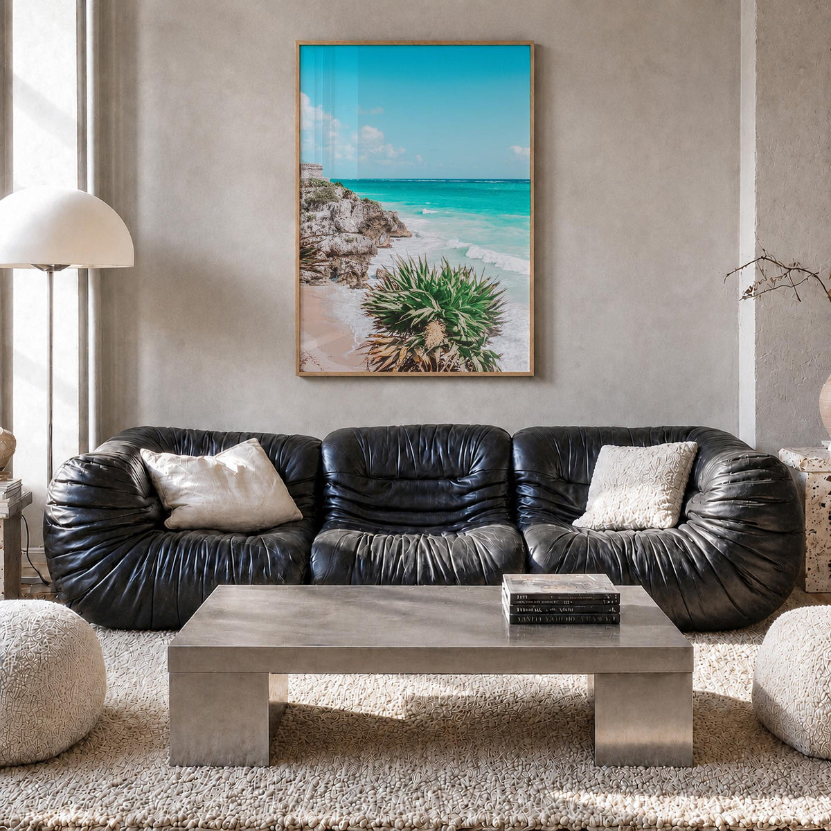 Playa del Carmen colorful photo poster of Mexico – vertical wall art in natural wood frame, hanging on wall