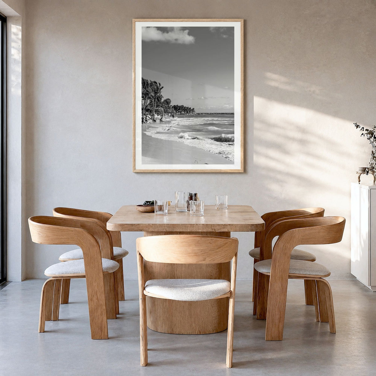 Playa del Carmen Photo Poster in a natural wood frame, hanging in a dining room, white border