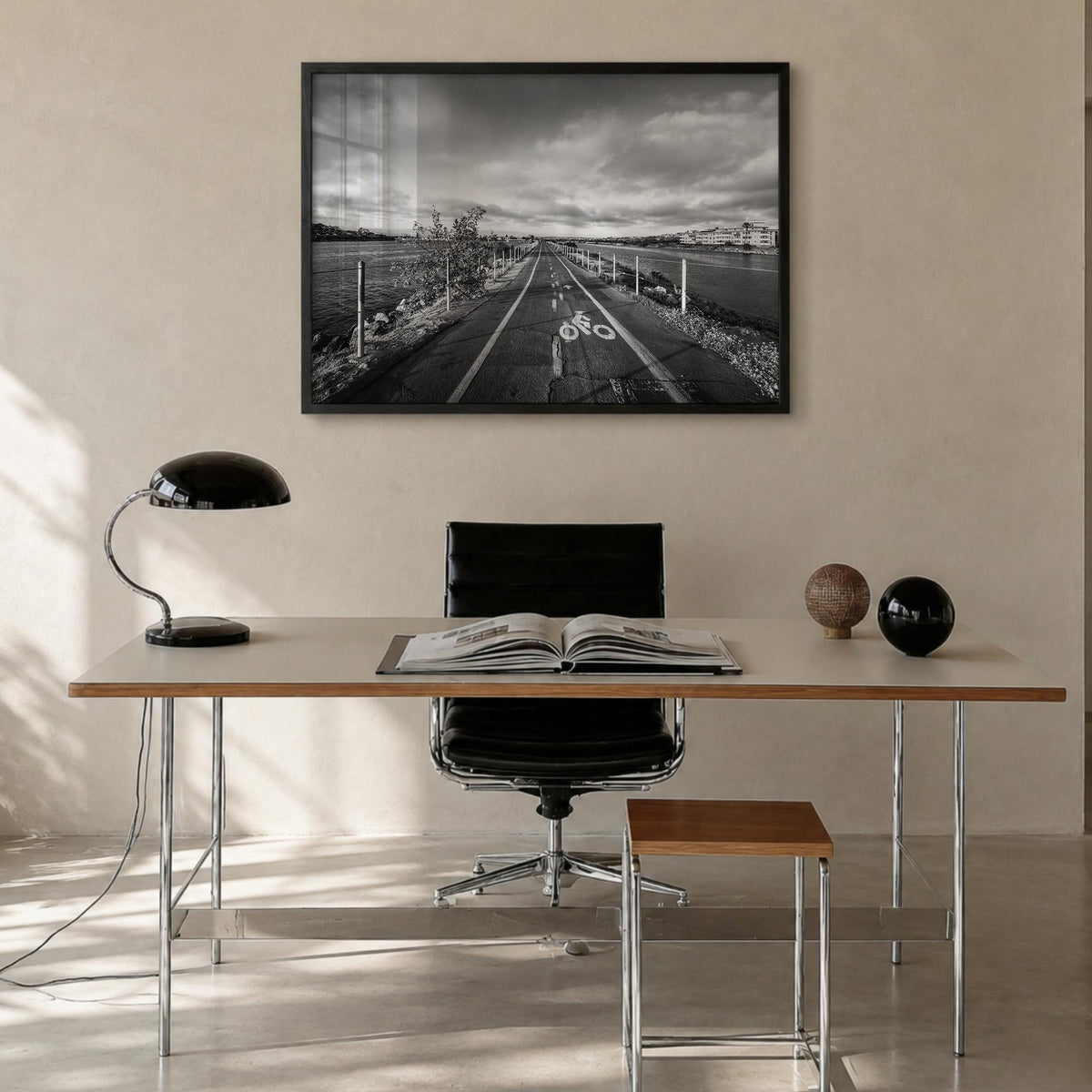Playa del Rey black & white photo poster of California, USA – horizontal wall art in black wood frame, hanging on wall