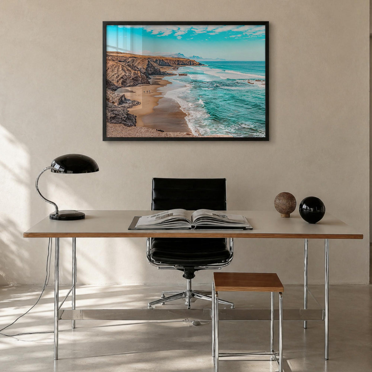 Playa del Rey colorful photo poster of California, USA – horizontal wall art in black wood frame, hanging on wall