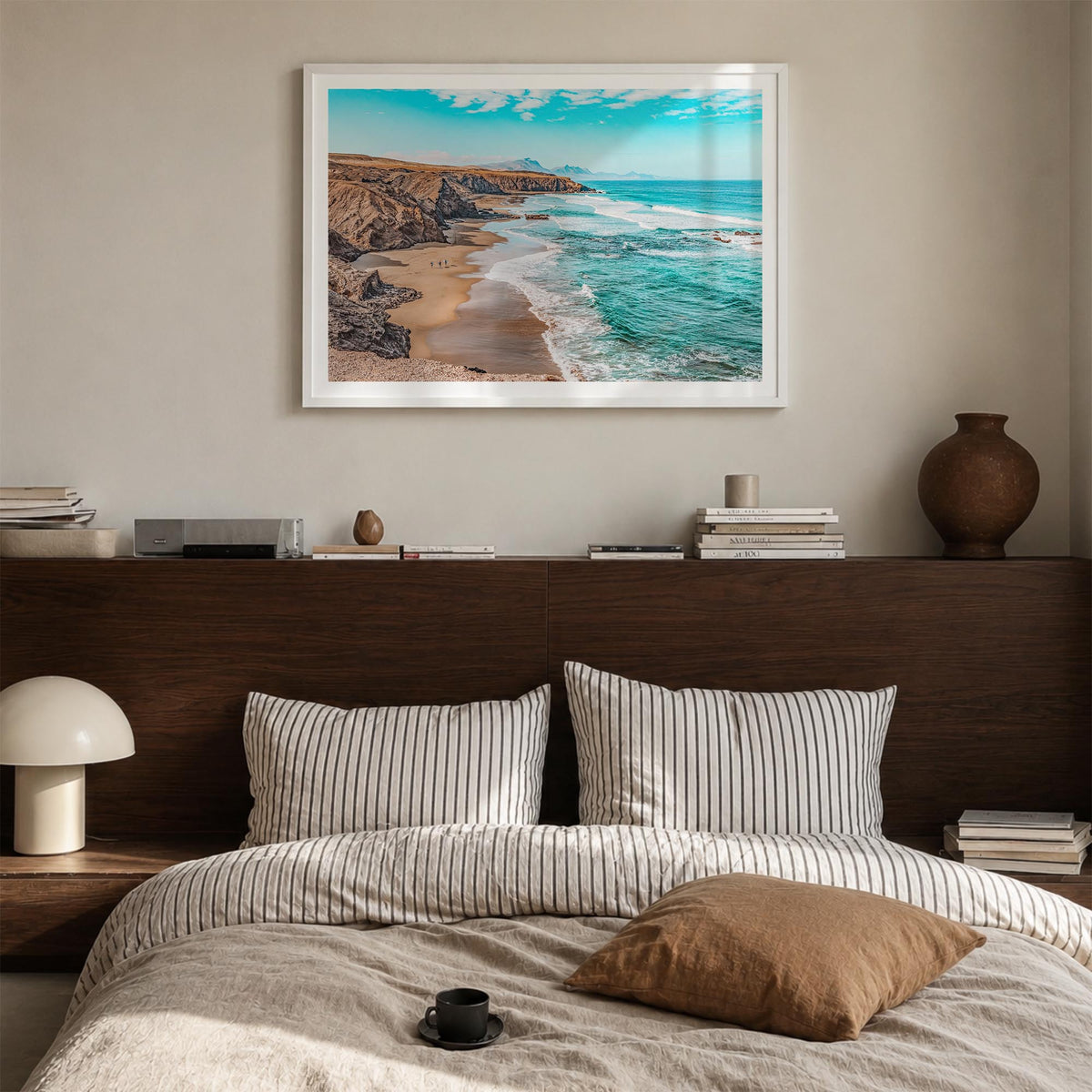 Playa del Rey colorful photo poster of California, USA – horizontal wall art in white wood frame with white border, hanging o