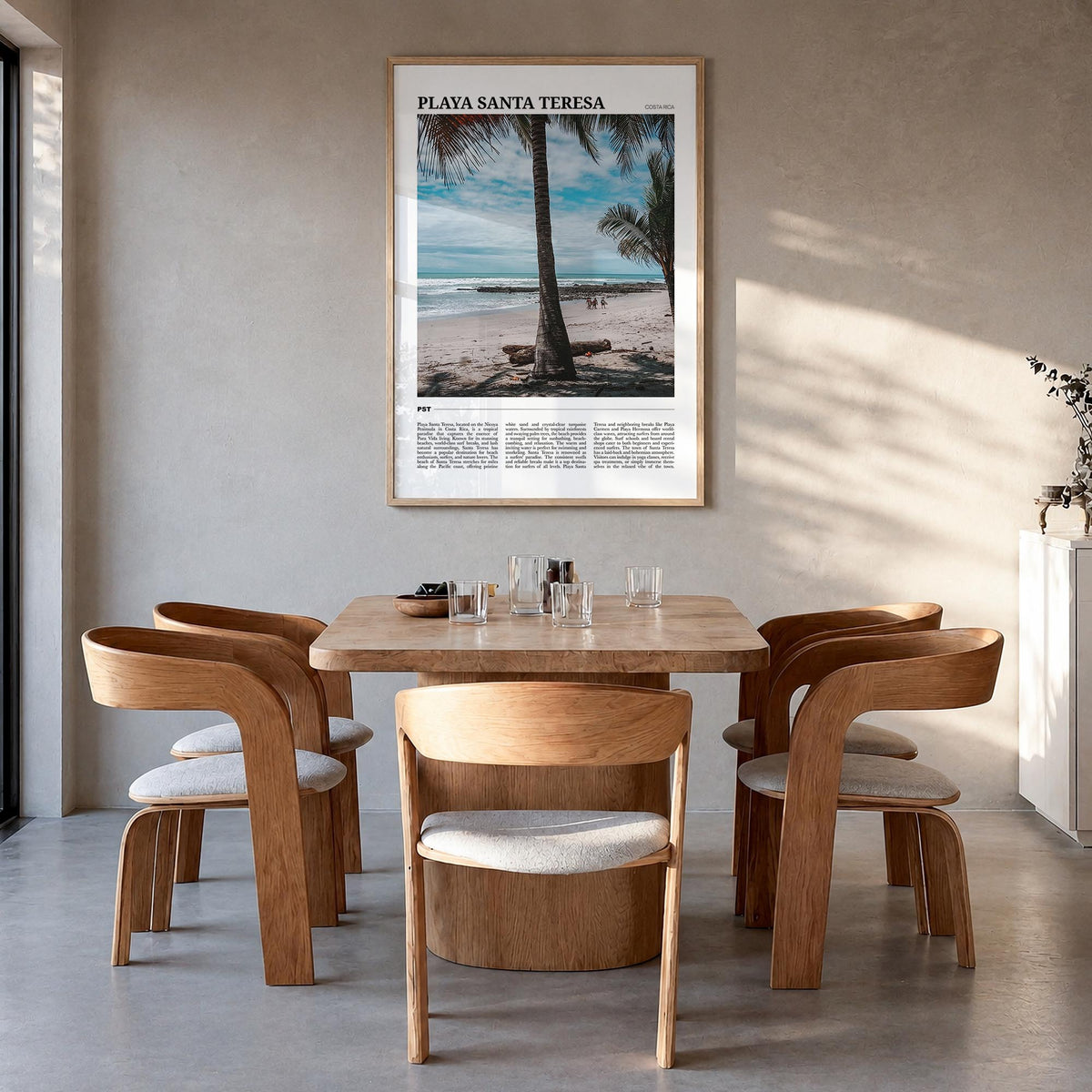 Playa Santa Teresa colorful travel poster of Costa Rica – vertical wall art in natural wood frame, hanging on wall