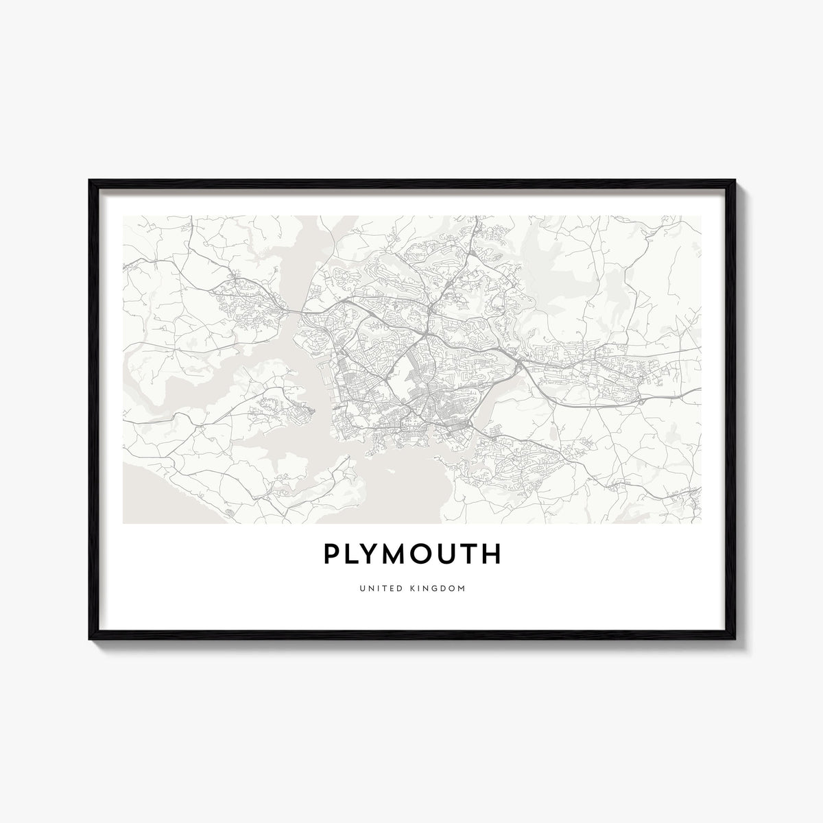 Plymouth black & white map poster of United Kingdom – horizontal wall art, unframed print shown in interior mockup