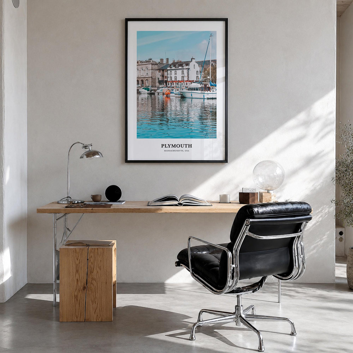 Plymouth colorful classic poster of United Kingdom – vertical wall art in black wood frame, hanging on wall