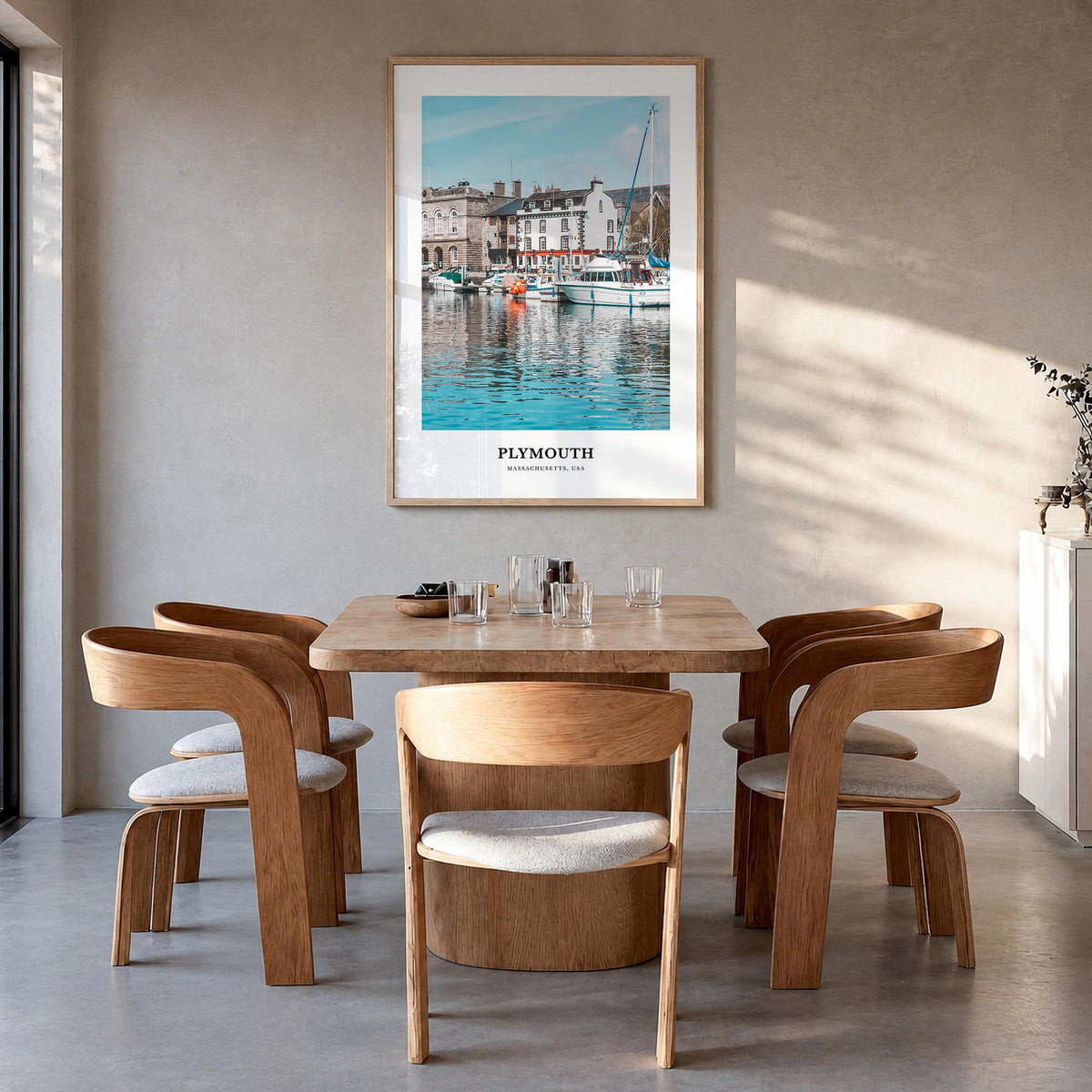 Plymouth colorful classic poster of United Kingdom – vertical wall art in natural wood frame, hanging on wall