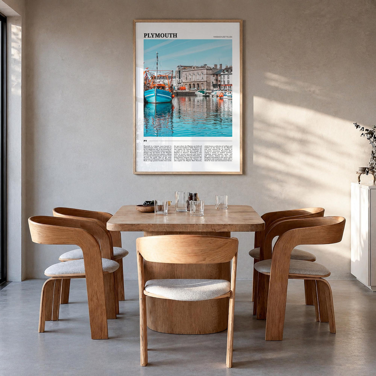 Plymouth colorful travel poster of United Kingdom – vertical wall art in natural wood frame, hanging on wall