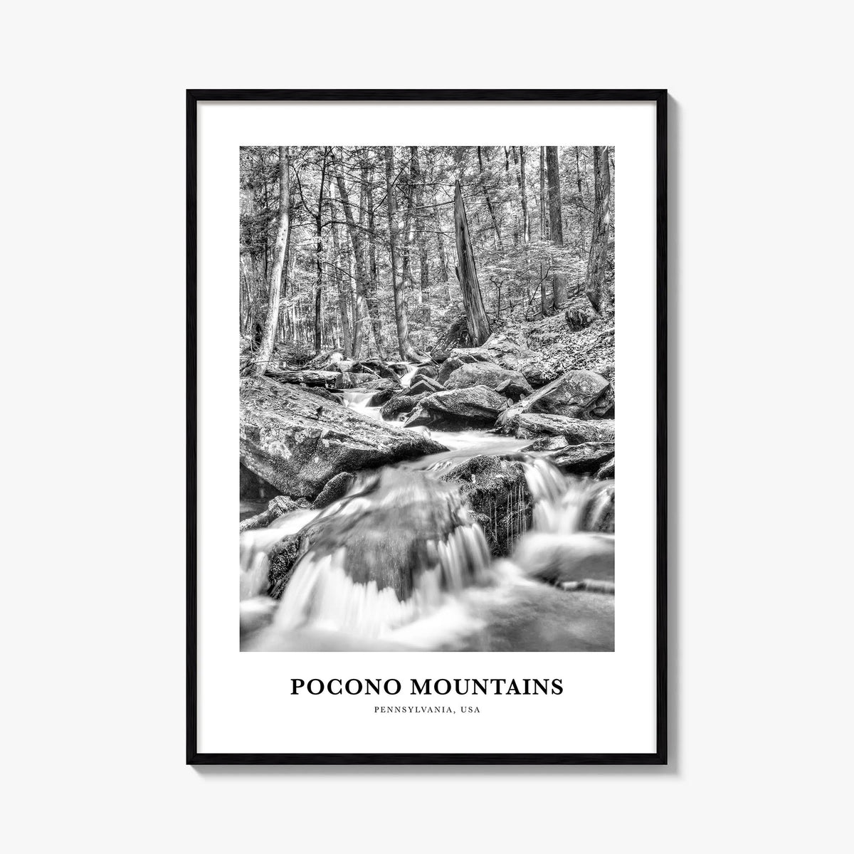 Pocono Mountains black & white classic poster of Pennsylvania, USA – vertical wall art, unframed print shown in interior mock
