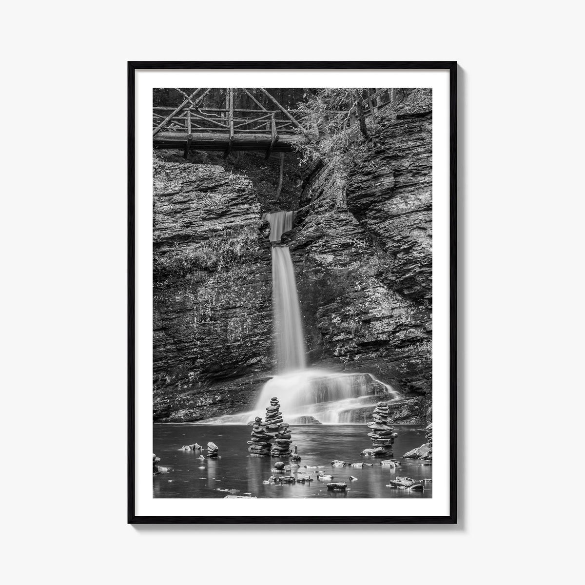 Pocono Mountains black & white photo poster of Pennsylvania, USA – vertical wall art, unframed print shown in interior mockup