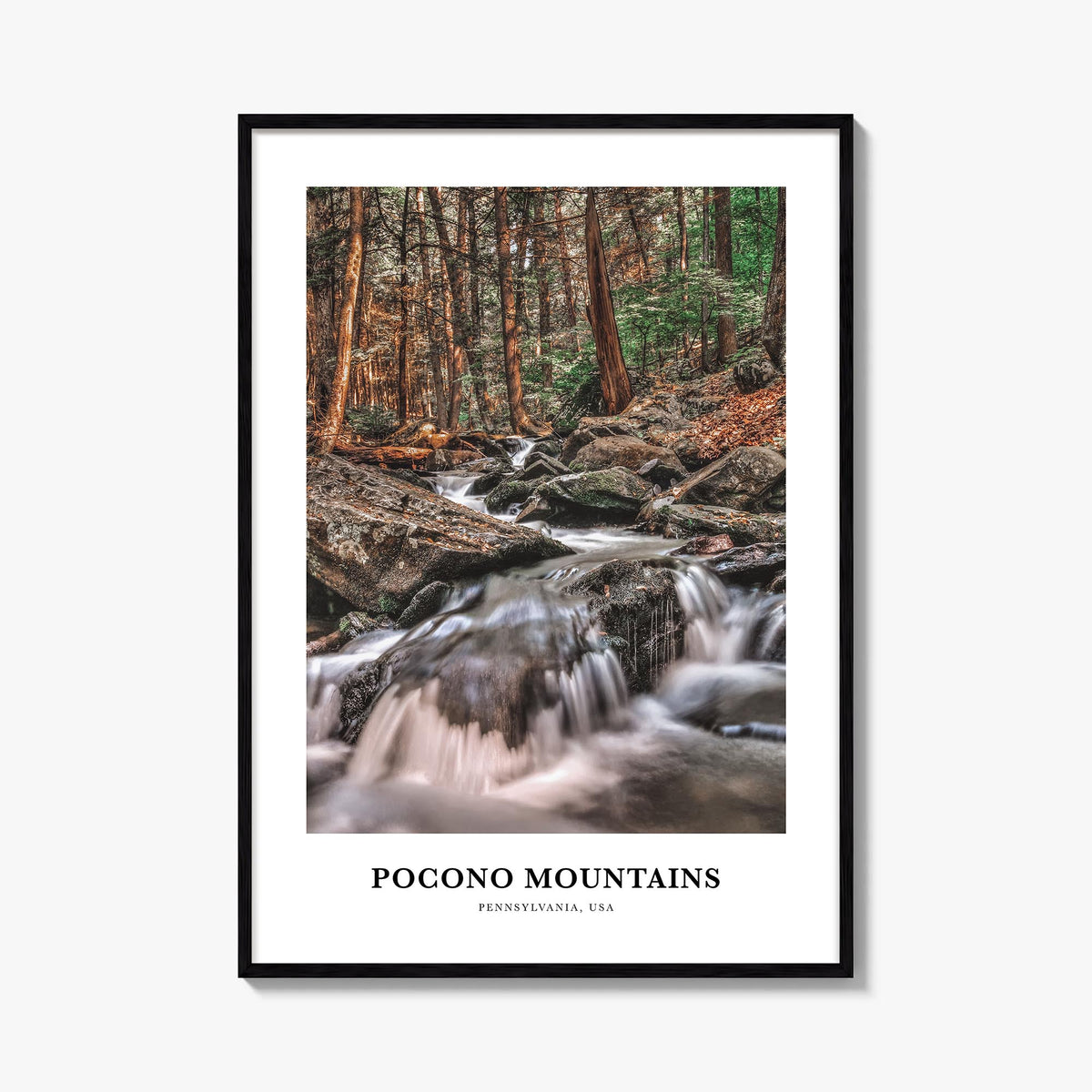 Pocono Mountains no. 2 colorful classic poster of Pennsylvania, USA – vertical wall art, unframed print shown in interior moc