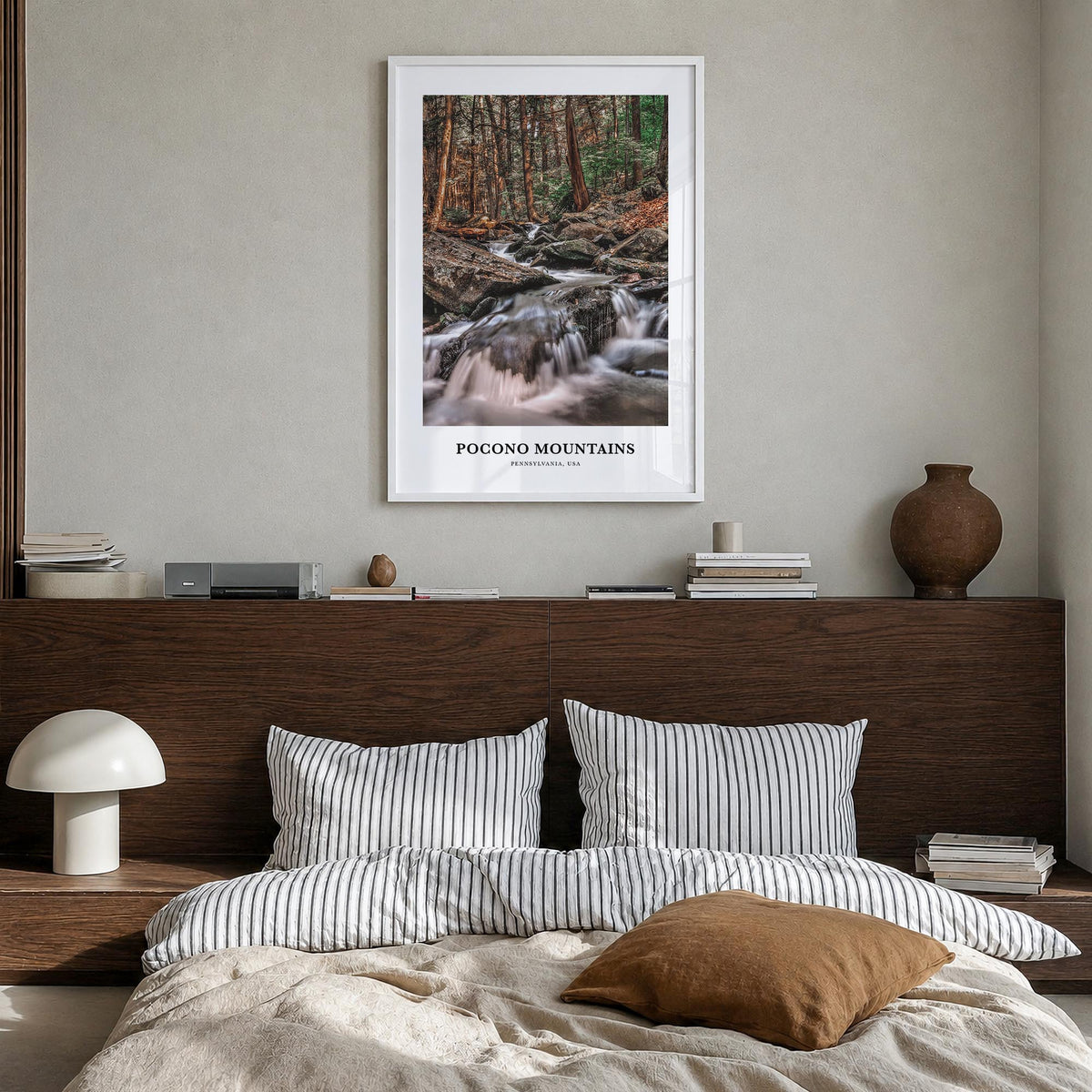 Pocono Mountains no. 2 colorful classic poster of Pennsylvania, USA – vertical wall art in white wood frame, hanging on wall
