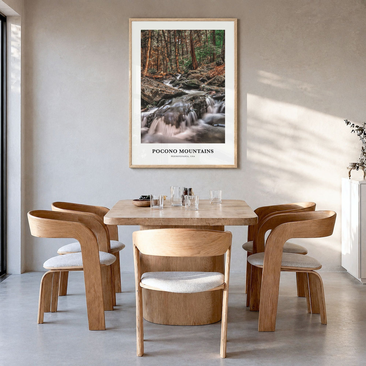 Pocono Mountains Classic No 2 Poster in a natural wood frame, hanging in a dining room