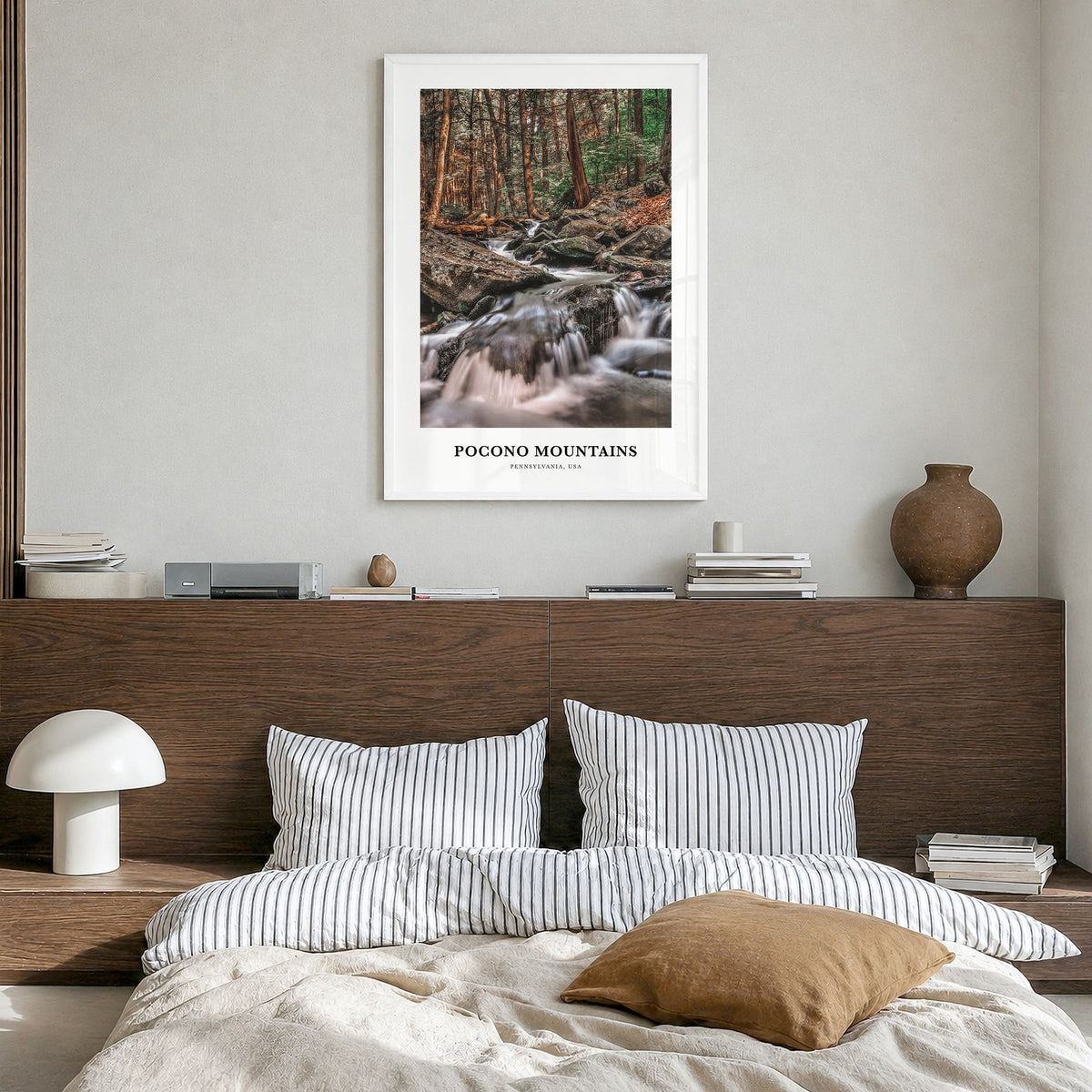 Pocono Mountains Classic No 2 Poster in a white wood frame, hanging in a bedroom