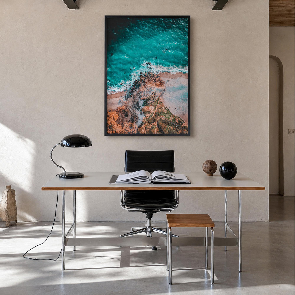 Point Dume colorful photo poster of California, USA – vertical wall art in black wood frame, hanging on wall