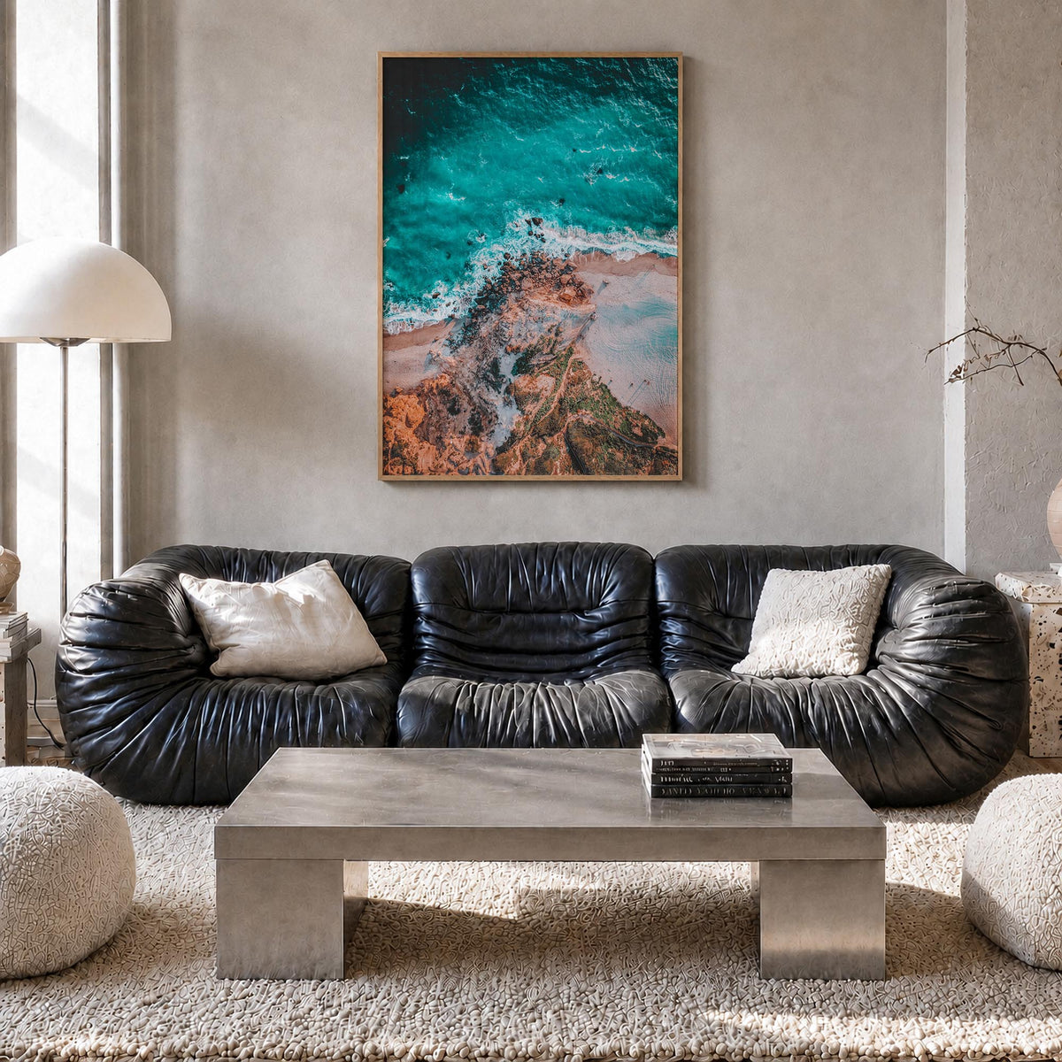 Point Dume colorful photo poster of California, USA – vertical wall art in natural wood frame, hanging on wall