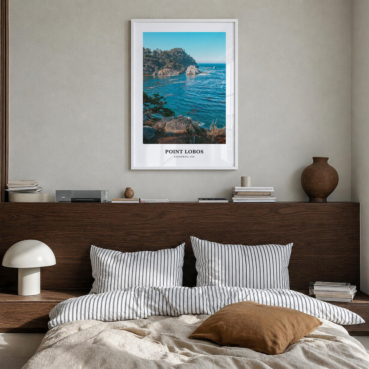 Point Lobos colorful classic poster of California, USA – vertical wall art in white wood frame, hanging on wall