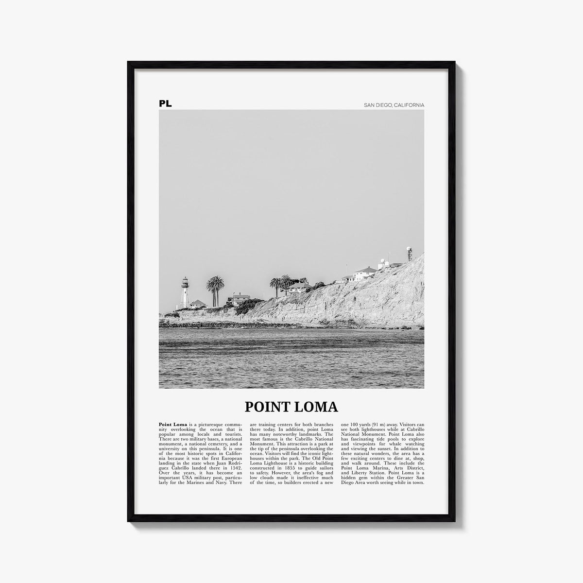 Point Loma black & white newspaper poster of San Diego, California – vertical wall art, unframed print shown in interior mock