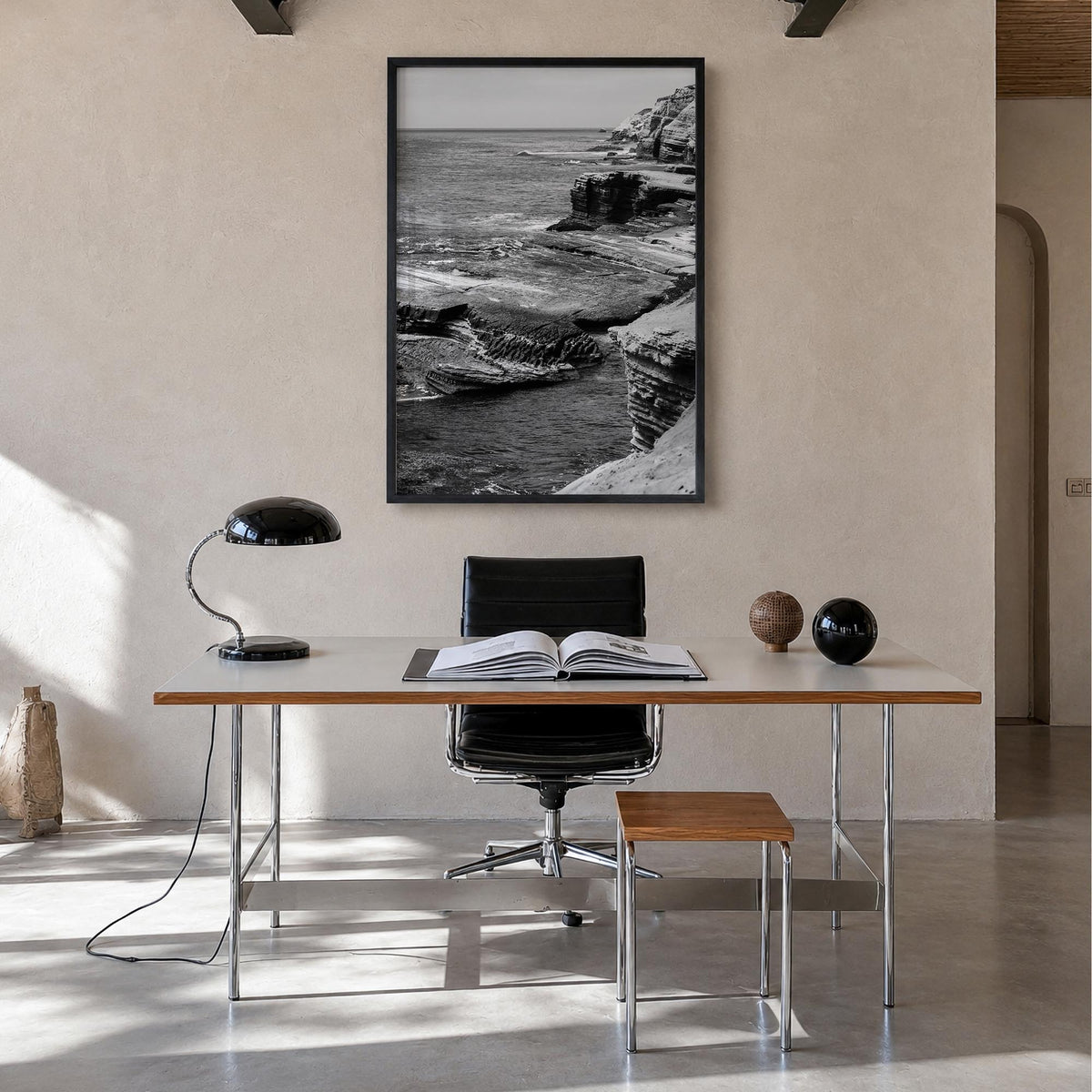 Point Loma black & white photo poster of San Diego, California – vertical wall art in black wood frame, hanging on wall