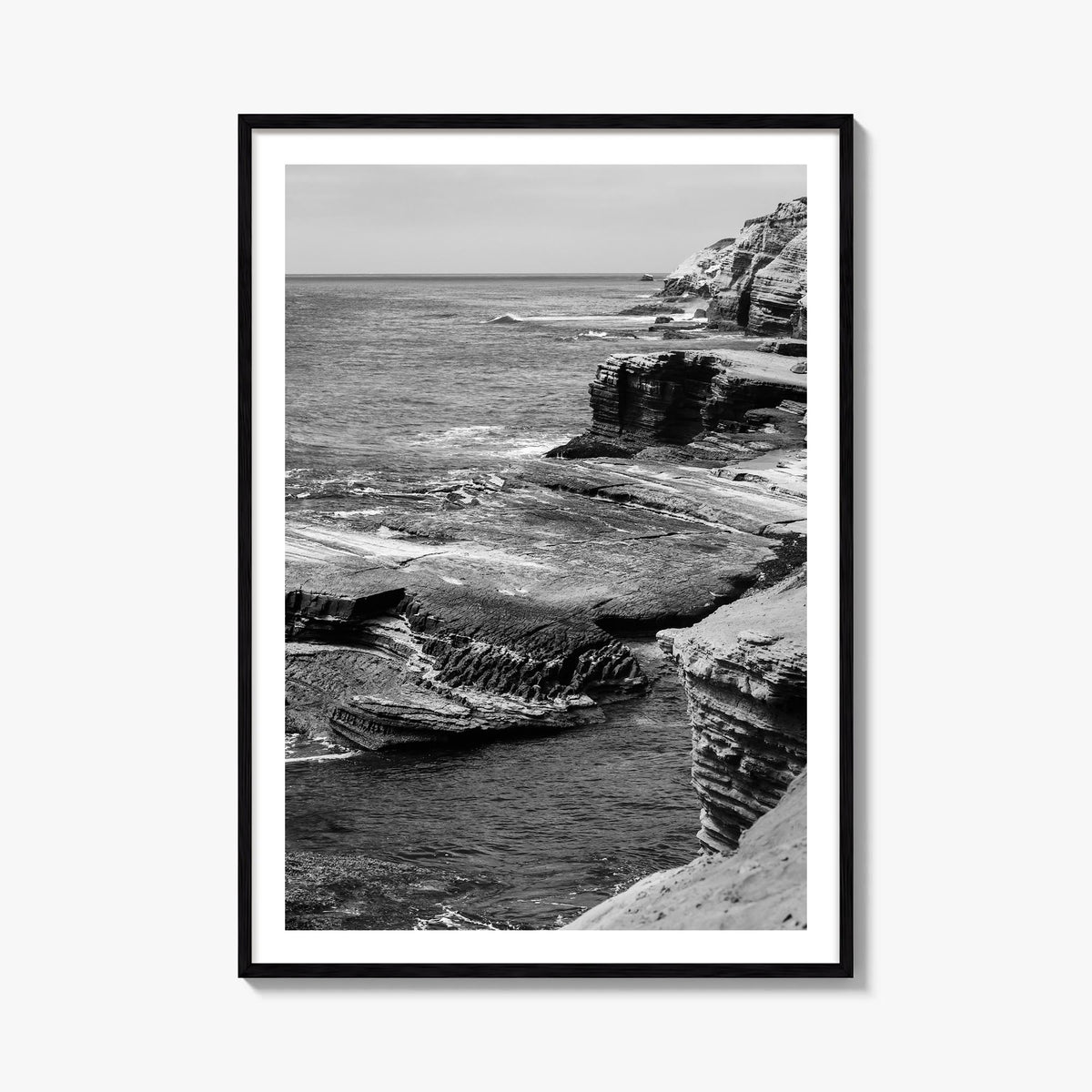 Point Loma black & white photo poster of San Diego, California – vertical wall art, unframed print shown in interior mockup