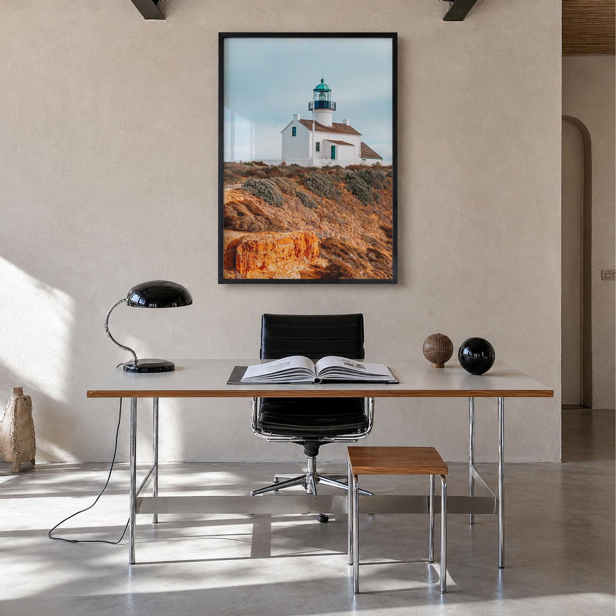 Point Loma colorful photo poster of San Diego, California – vertical wall art in black wood frame, hanging on wall