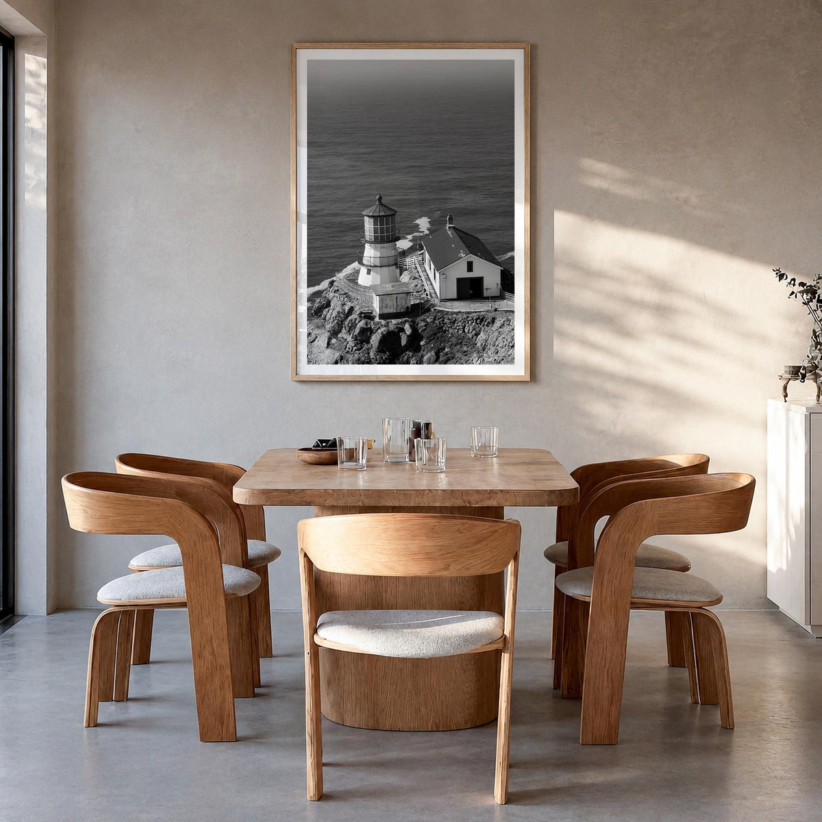 Point Reyes black & white photo poster of California, USA – vertical wall art in natural wood frame with white border, hangin