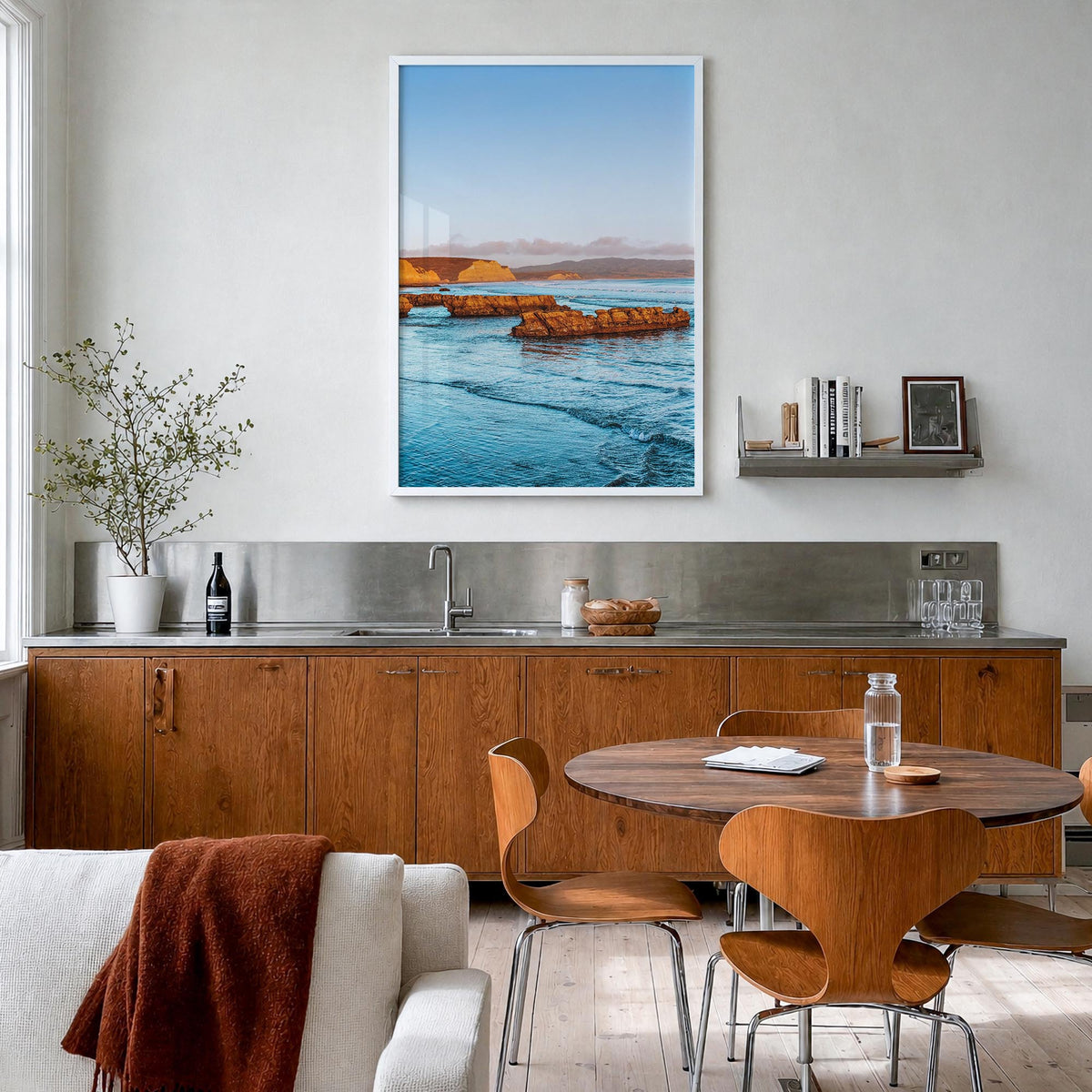 Point Reyes no. 2 colorful photo poster of California, USA – vertical wall art in white wood frame, hanging on wall