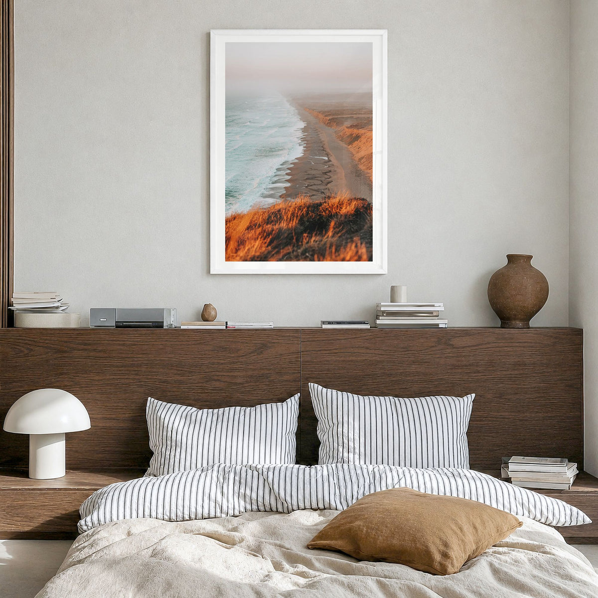 Point Reyes Photo No 2 Poster in a white wood frame, hanging in a bedroom, white border