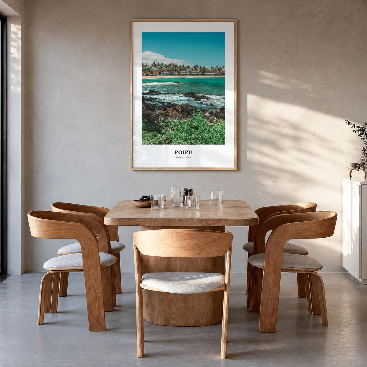 Poipu colorful classic poster of Hawaii, USA – vertical wall art in natural wood frame, hanging on wall