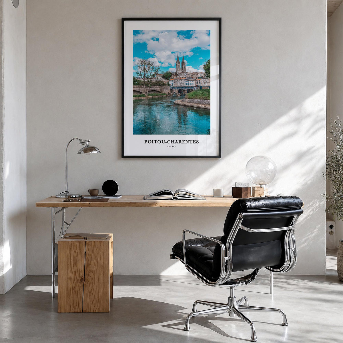 Poitou-Charentes colorful classic poster of France – vertical wall art in black wood frame, hanging on wall