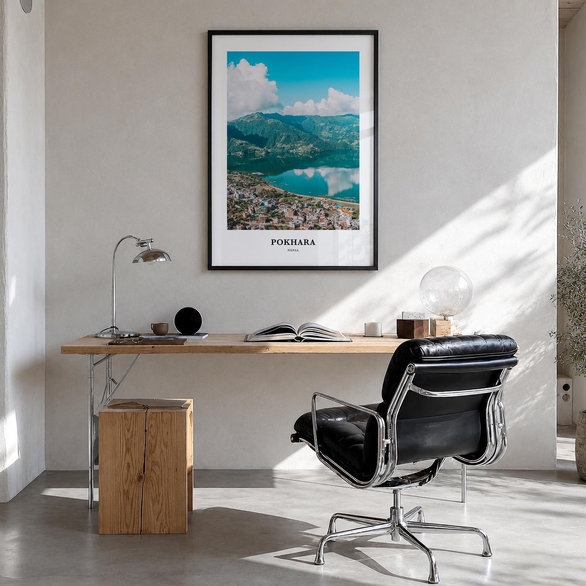 Pokhara colorful classic poster of Nepal – vertical wall art in black wood frame, hanging on wall