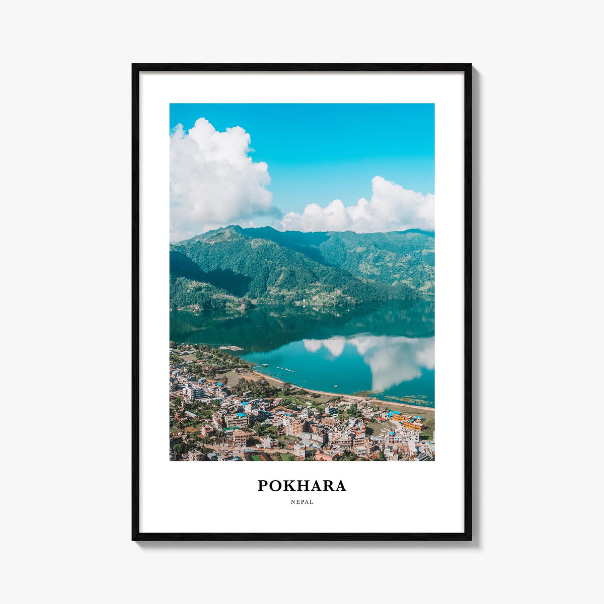 Pokhara colorful classic poster of Nepal – vertical wall art, unframed print shown in interior mockup