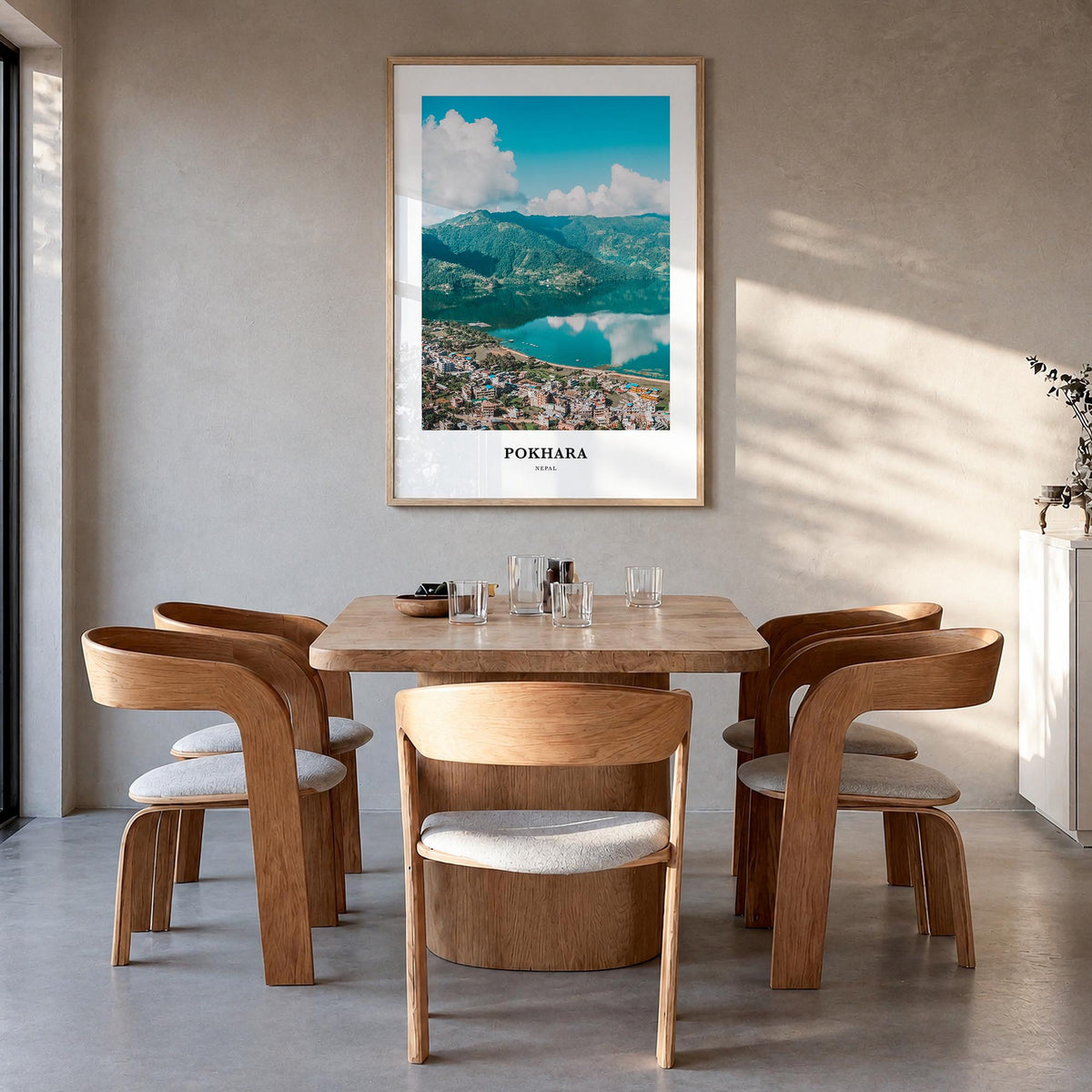 Pokhara colorful classic poster of Nepal – vertical wall art in natural wood frame, hanging on wall