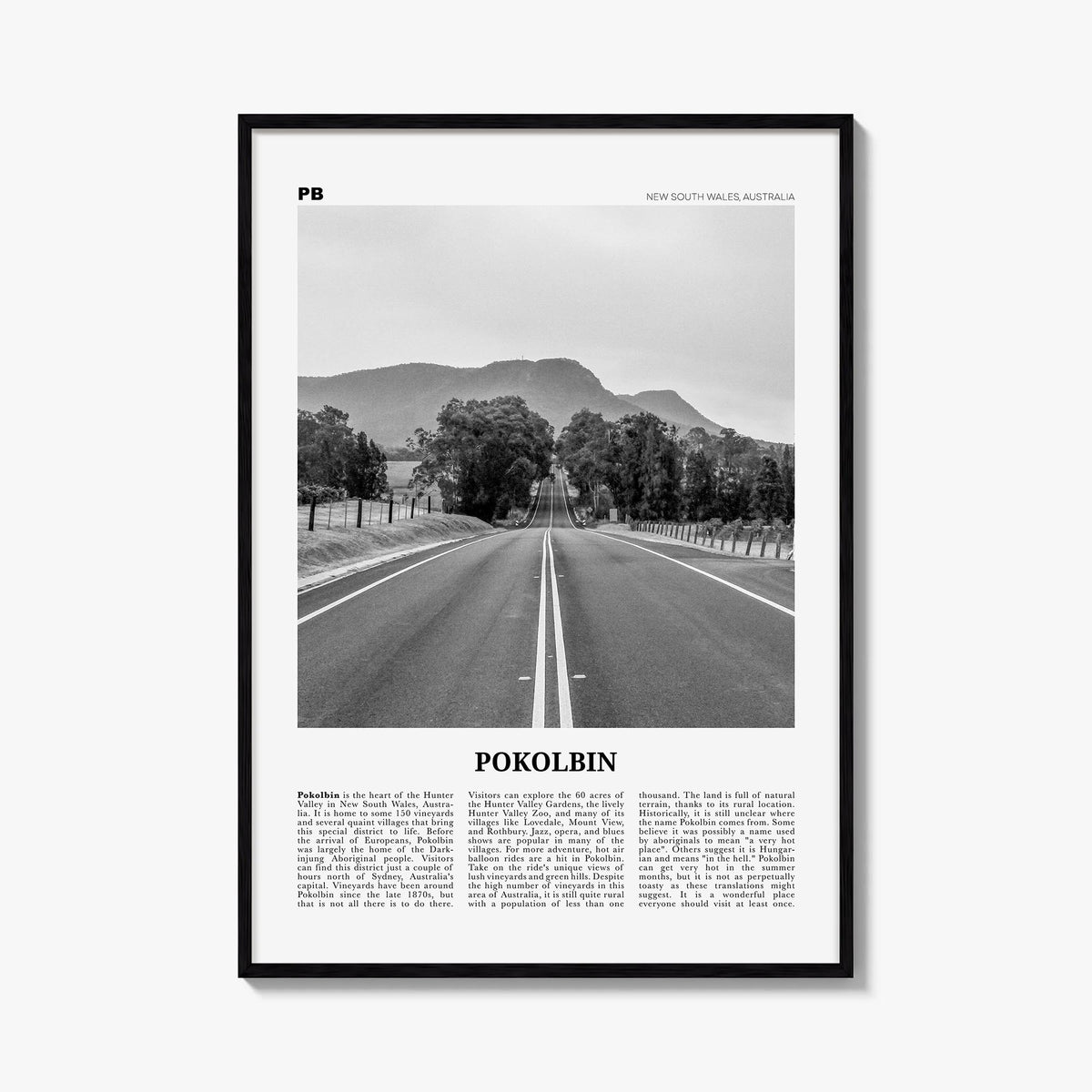Pokolbin black & white newspaper poster of Australia – vertical wall art, unframed print shown in interior mockup