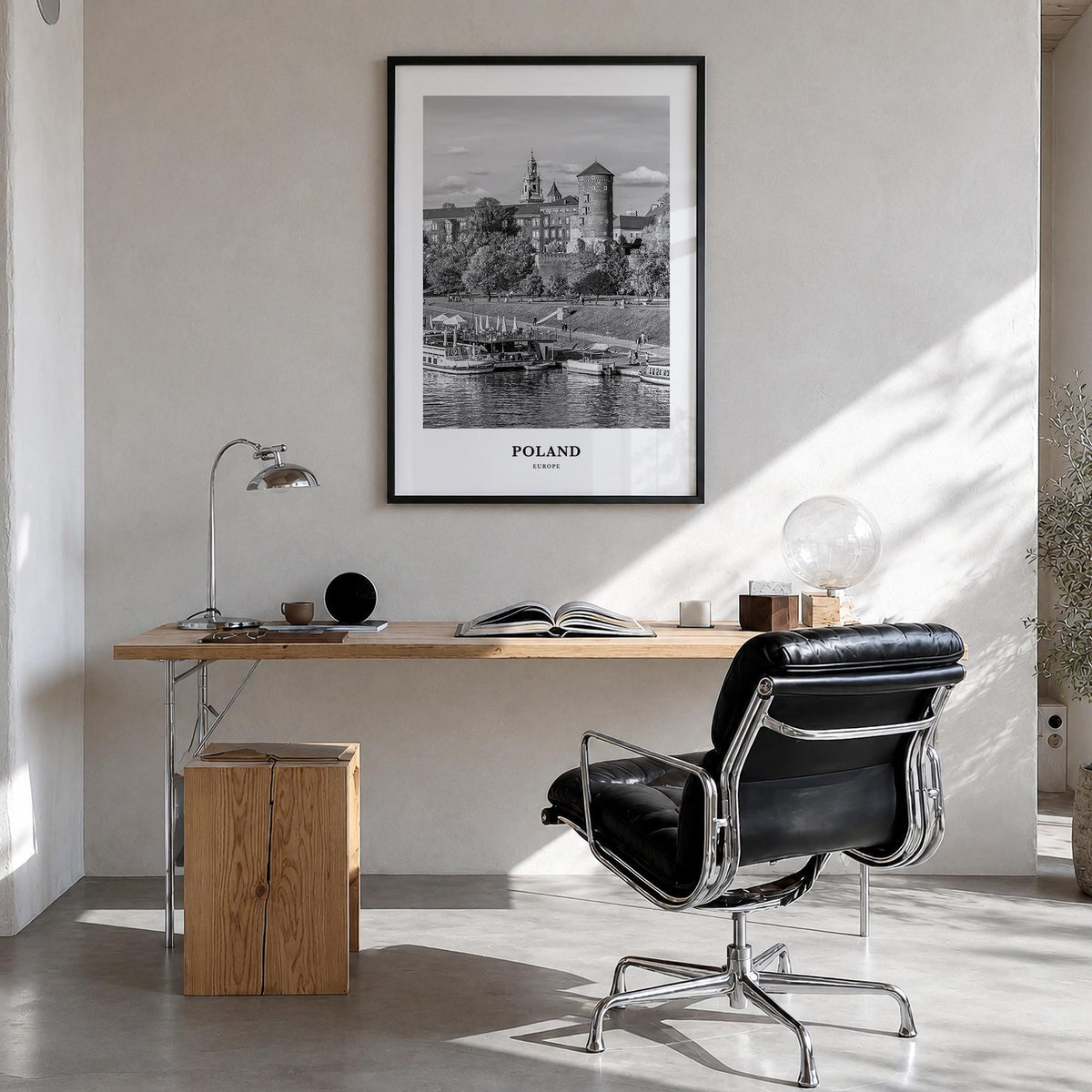 Poland black & white classic poster of Europe – vertical wall art in black wood frame, hanging on wall