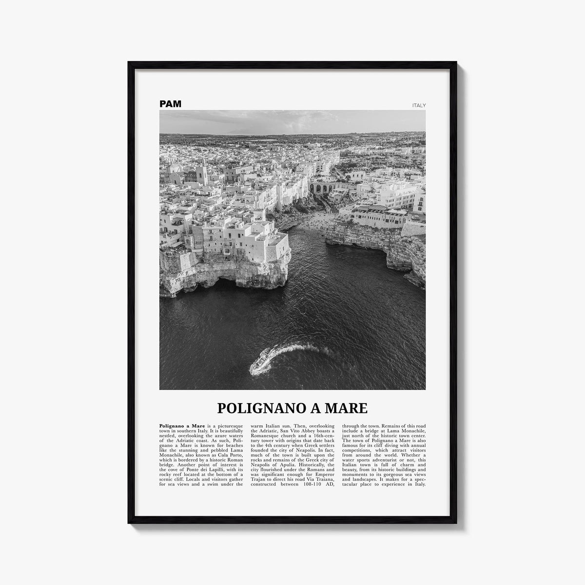 Polignano a Mare black & white newspaper poster of Italy – vertical wall art, unframed print shown in interior mockup