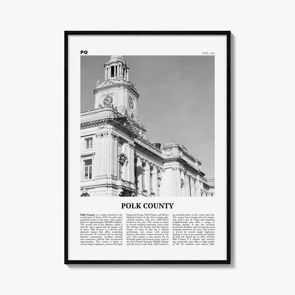 Polk County black & white newspaper poster of Florida, USA – vertical wall art, unframed print shown in interior mockup