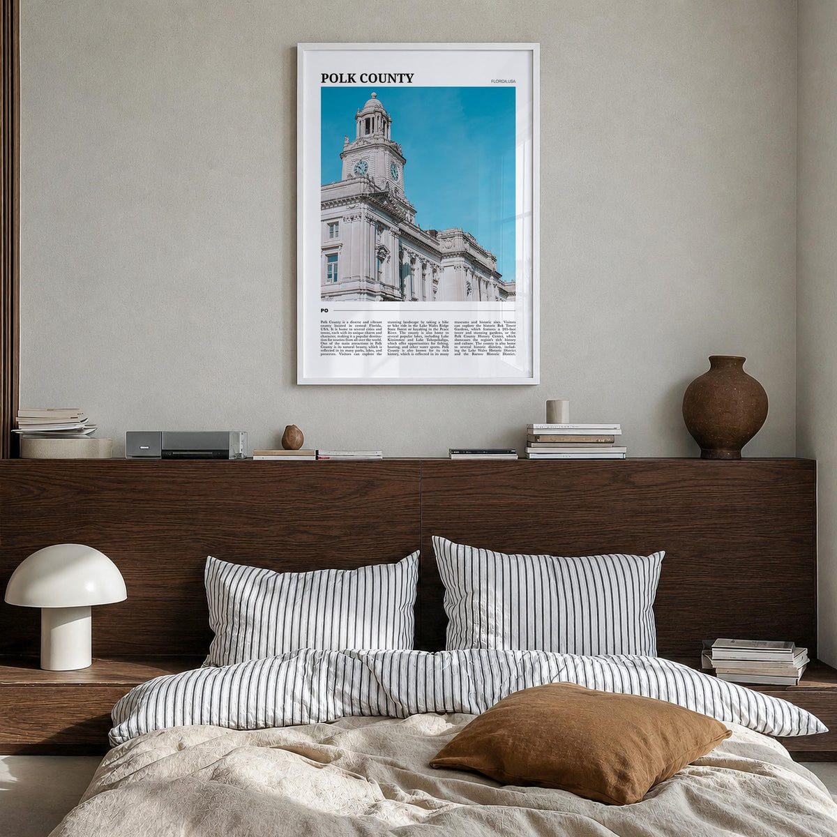 Polk County colorful travel poster of Florida, USA – vertical wall art in white wood frame, hanging on wall