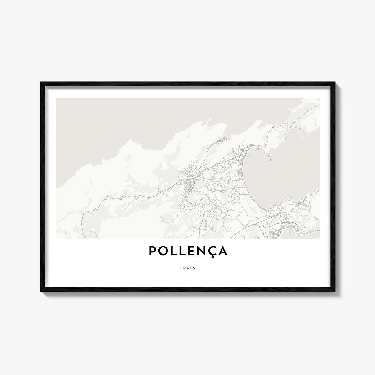 Pollença black & white map poster of Spain – horizontal wall art, unframed print shown in interior mockup