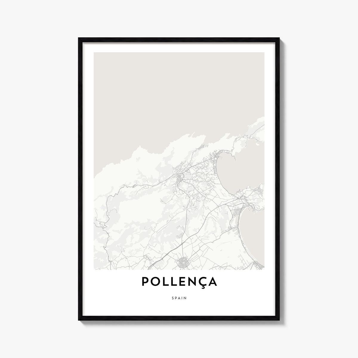 Pollença black & white map poster of Spain – vertical wall art, unframed print shown in interior mockup