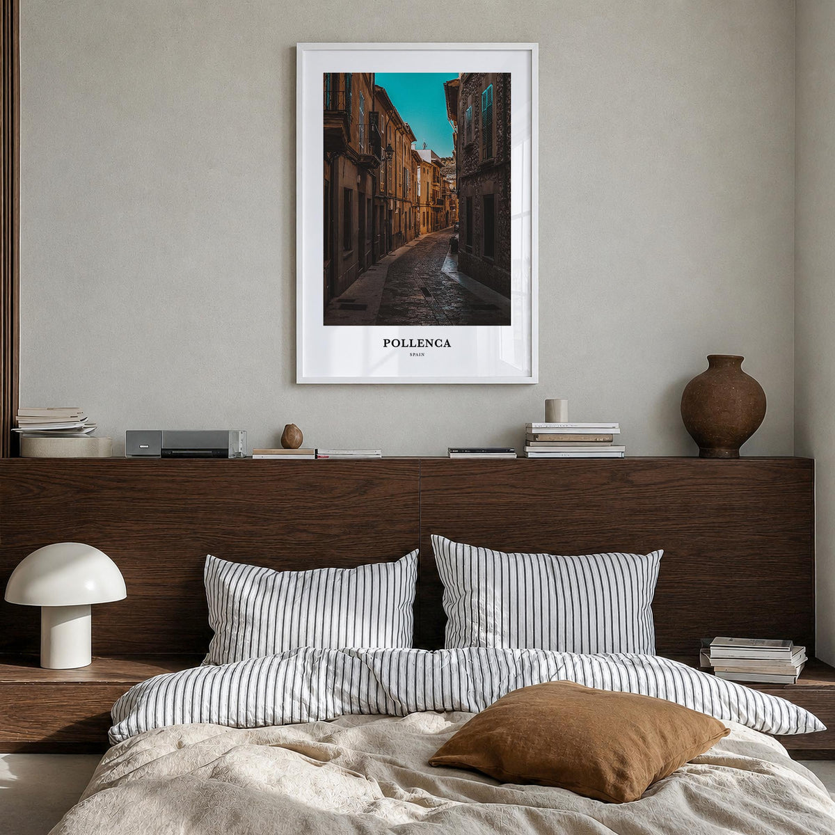 Pollença colorful classic poster of Spain – vertical wall art in white wood frame, hanging on wall