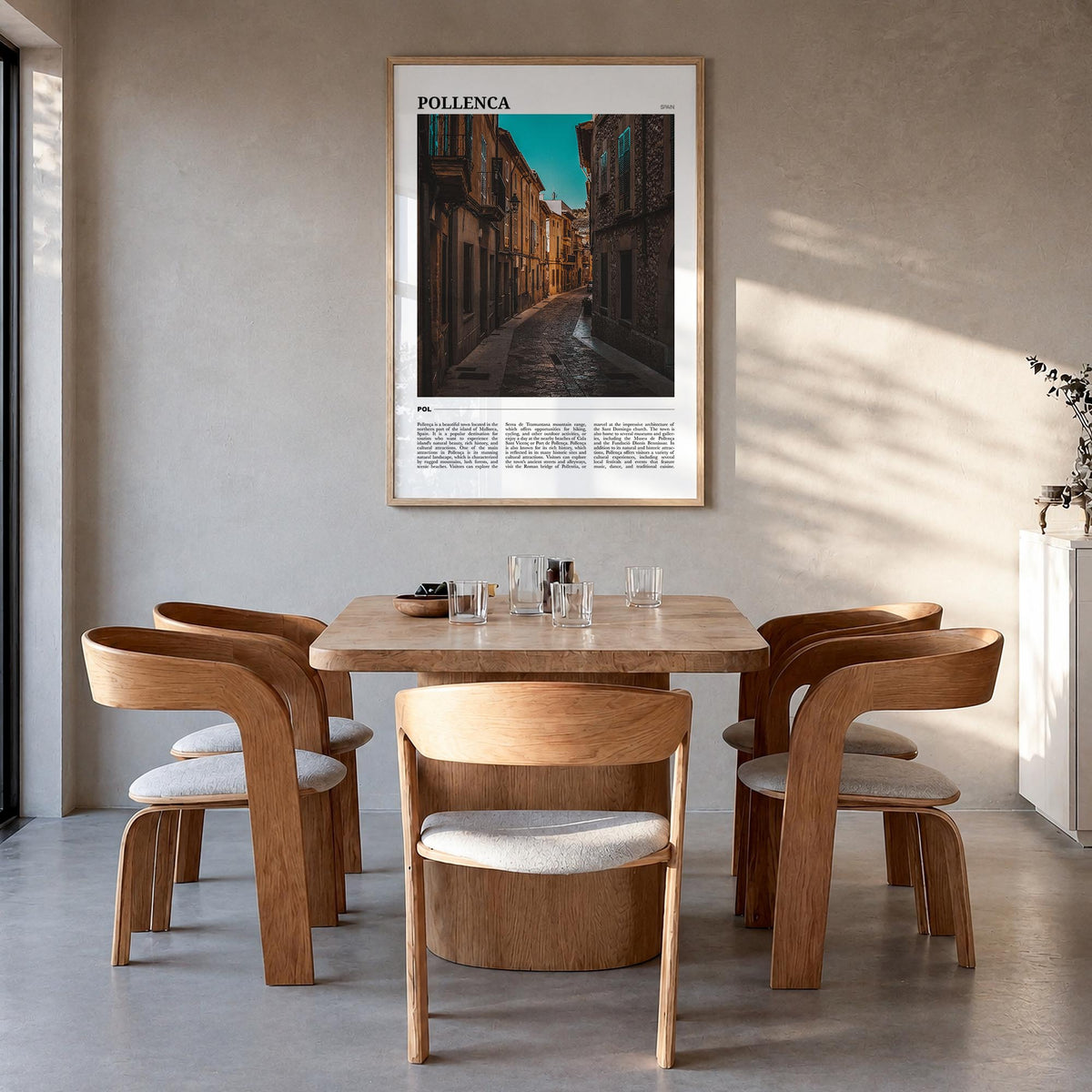 Pollença colorful travel poster of Spain – vertical wall art in natural wood frame, hanging on wall