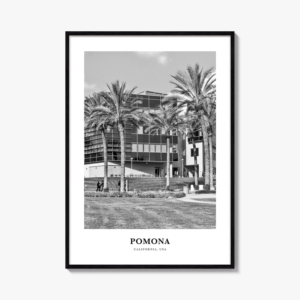 Pomona black & white classic poster of California, USA – vertical wall art, unframed print shown in interior mockup