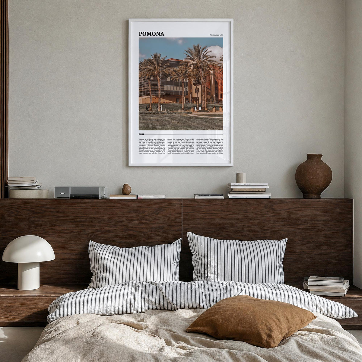 Pomona colorful travel poster of California, USA – vertical wall art in white wood frame, hanging on wall