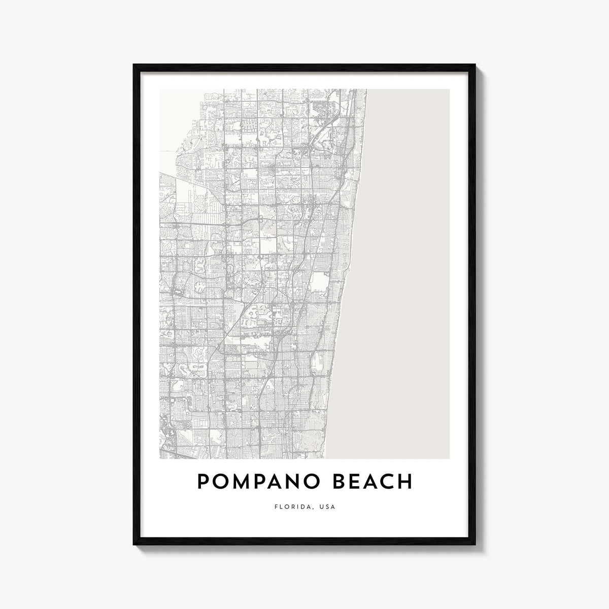 Pompano Beach black & white map poster of Florida, USA – vertical wall art, unframed print shown in interior mockup