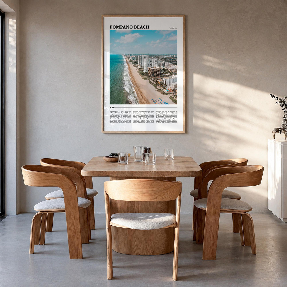 Pompano Beach colorful travel poster of Florida, USA – vertical wall art in natural wood frame, hanging on wall