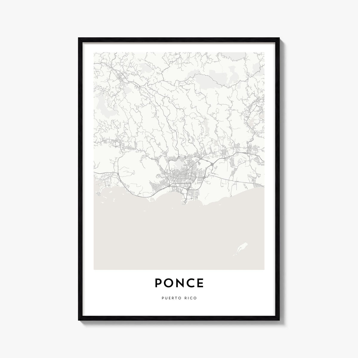 Ponce black & white map poster of Puerto Rico – vertical wall art, unframed print shown in interior mockup