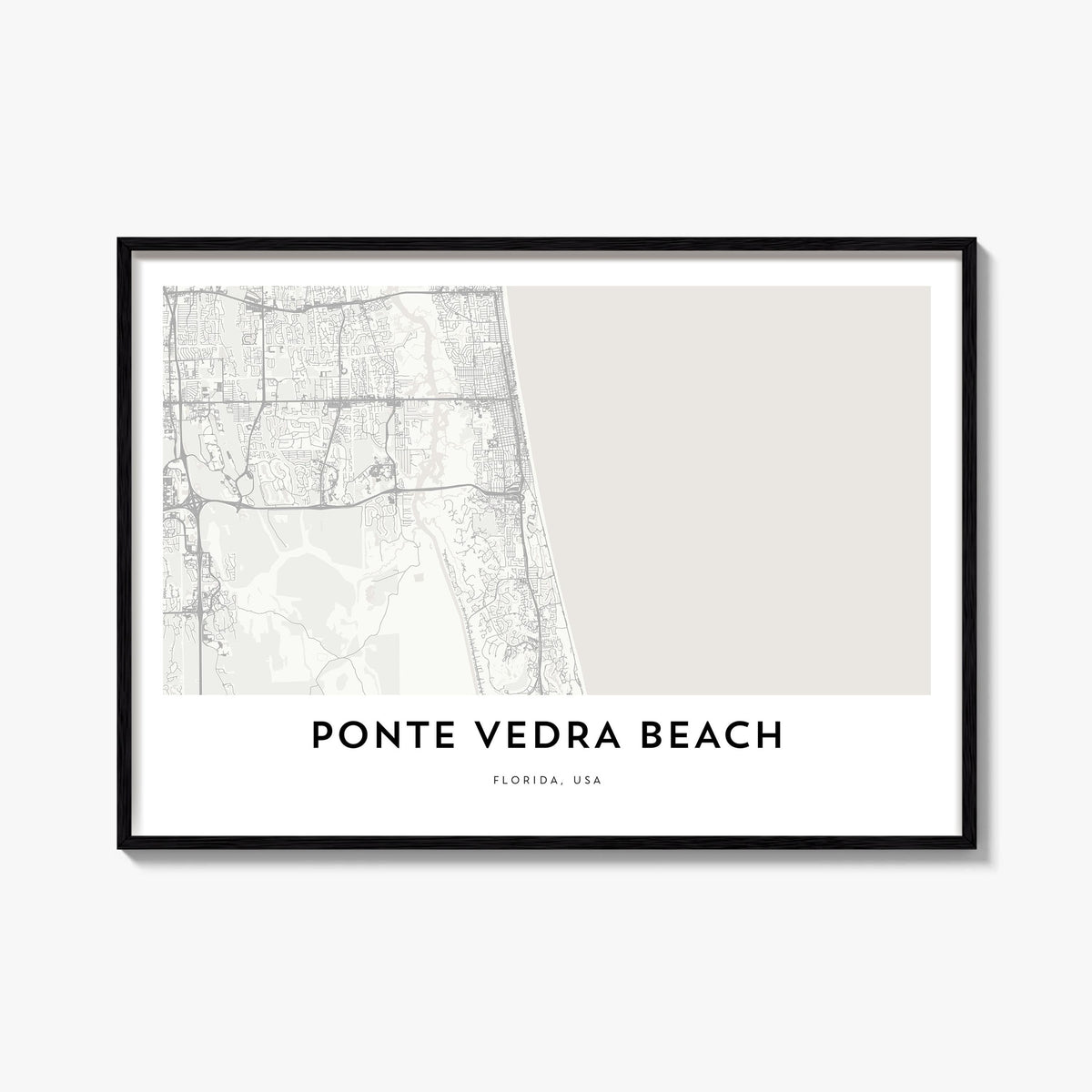 Ponte Vedra Beach black & white map poster of Florida, USA – horizontal wall art, unframed print shown in interior mockup