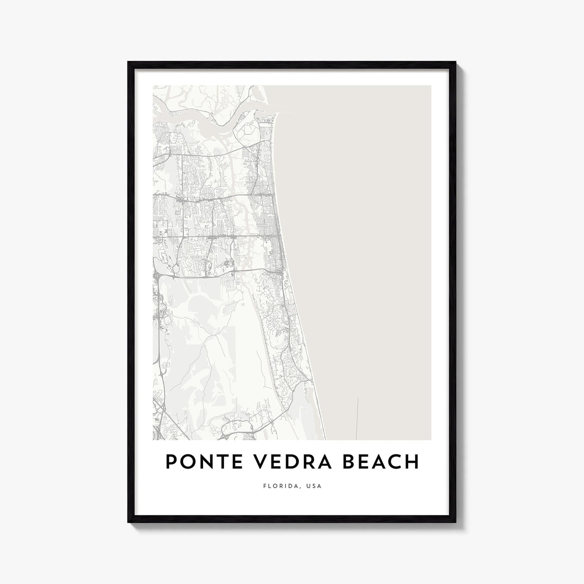 Ponte Vedra Beach black & white map poster of Florida, USA – vertical wall art, unframed print shown in interior mockup