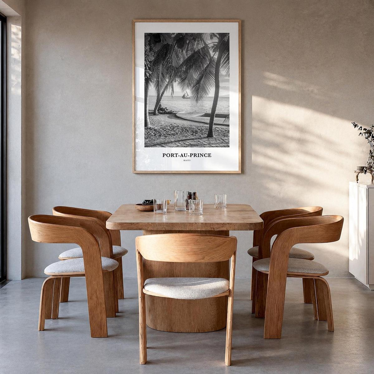 Port-au-Prince black & white classic poster of Haiti – vertical wall art in natural wood frame, hanging on wall