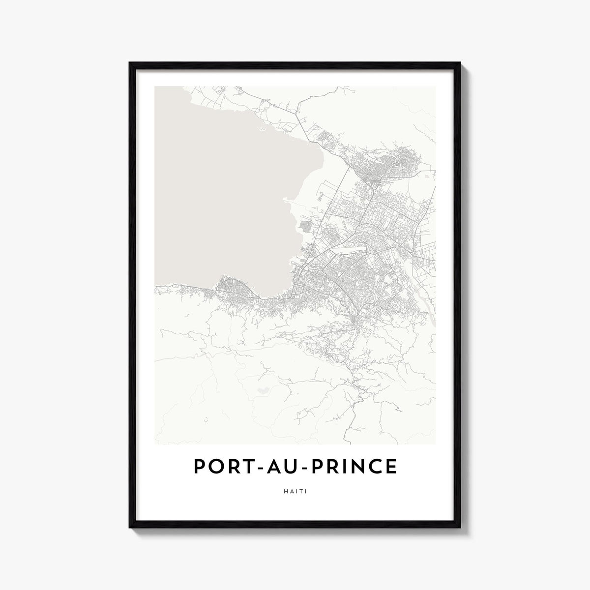 Port-au-Prince black & white map poster of Haiti – vertical wall art, unframed print shown in interior mockup