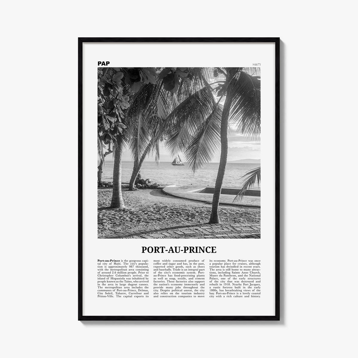 Port-au-Prince black & white newspaper poster of Haiti – vertical wall art, unframed print shown in interior mockup